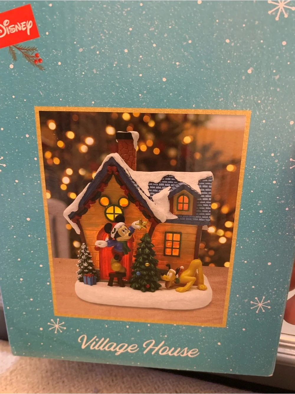 Disney Village House Holiday Figurine with Blue Box and Green Tree